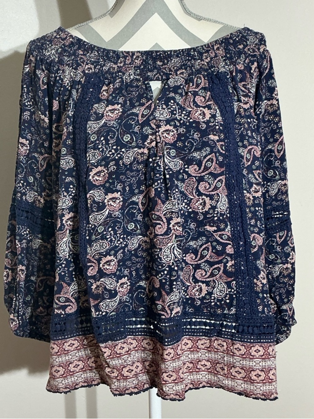 Knox Rose XL Navy Paisley Off-Shoulder Peasant Blouse